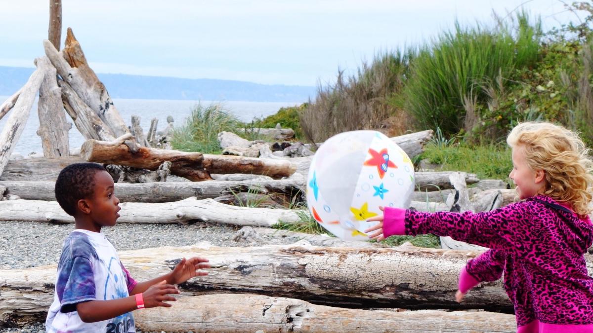 Two children playing with a colorful beach ball on a driftwood shore, under a cloudy sky.